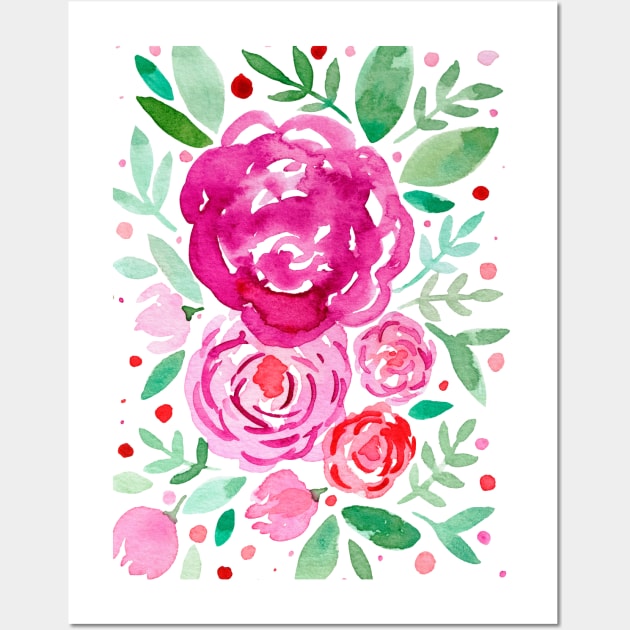 Watercolor roses bouquet - pink and green Wall Art by wackapacka